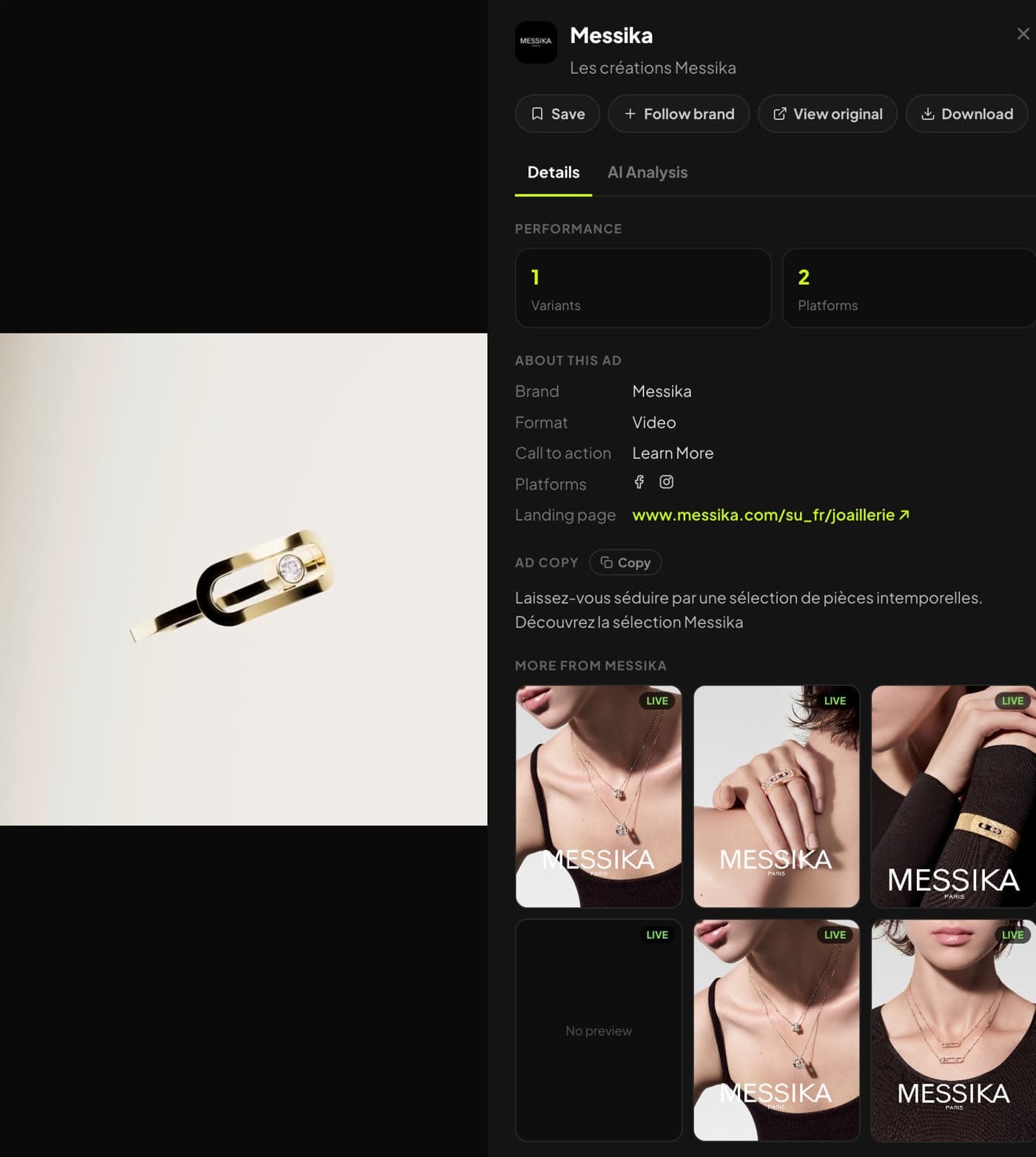 One brand opened in the Synthesys Video Agent research library: every live ad, the landing page and the ad copy