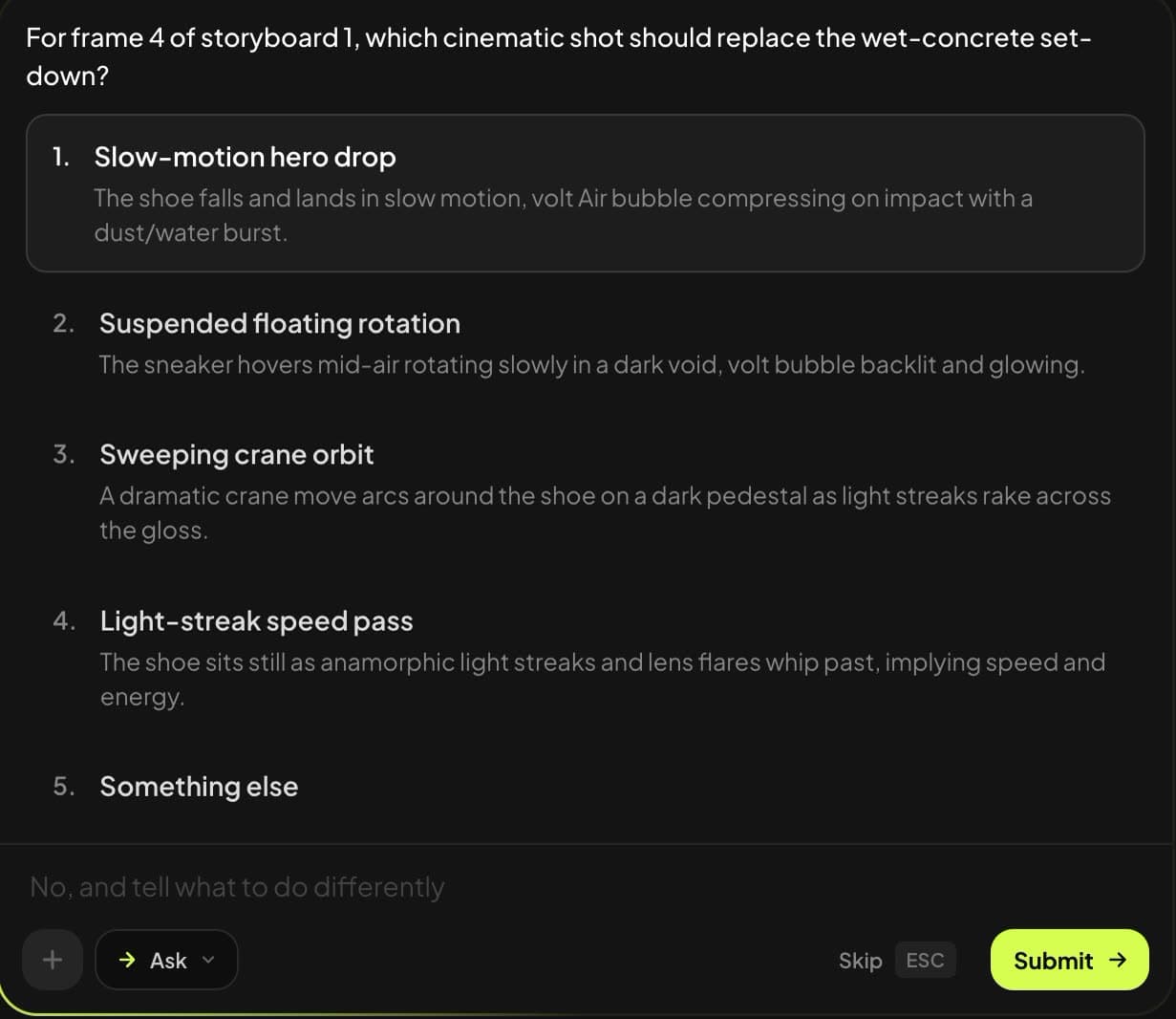 Synthesys Video Agent pausing to ask which shot direction to take, with four options and a fifth you write yourself