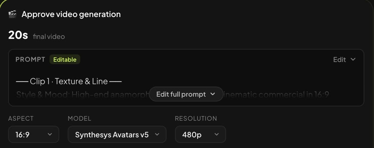 Approve card in Synthesys Video Agent showing the editable prompt, aspect ratio, model, resolution and credit cost before rendering