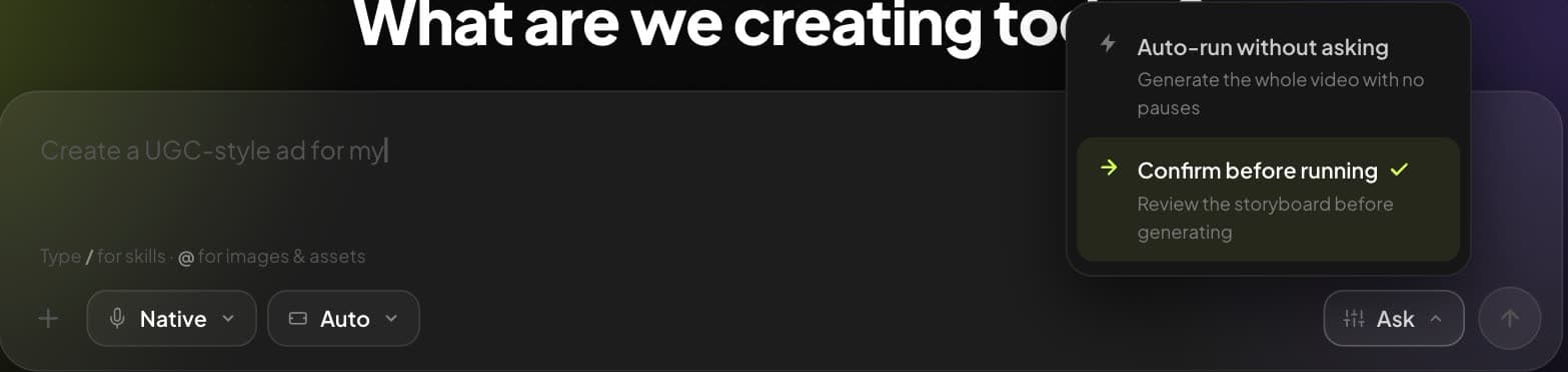 The Ask menu in Synthesys Video Agent: auto-run without asking, or confirm before running