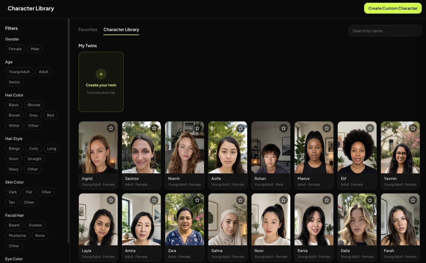 Character library in Synthesys Video Agent: filter presenters by look, favourite a cast or build your digital twin from one clip