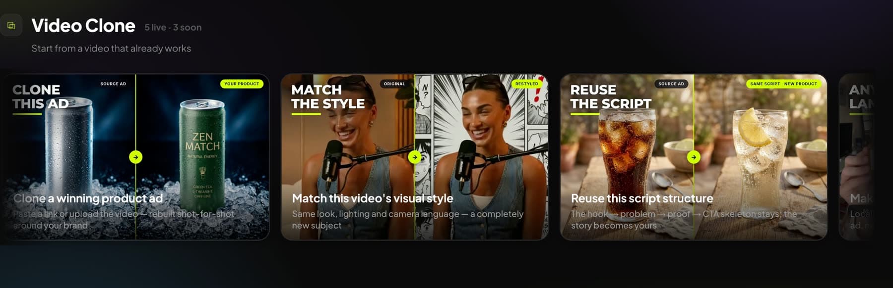 Video clone options in Synthesys Video Agent: clone the whole ad, match its style, reuse its script structure