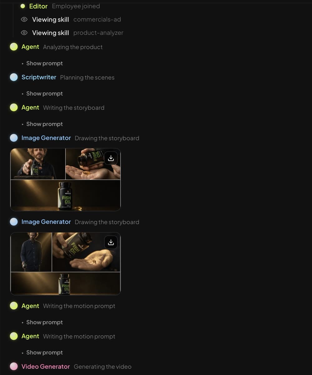 Synthesys Video Agent production log showing the crew joining: product analysed, scenes planned, storyboard drawn, video generated