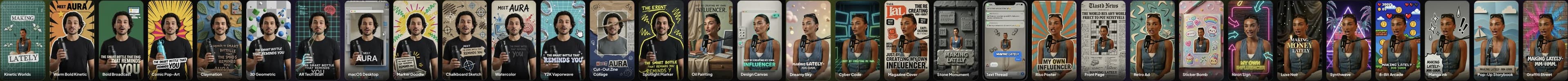 Thirty-two restyle looks in Synthesys Video Agent, from claymation and watercolour to manga ink and Y2K vaporwave