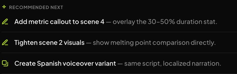 Recommended next edits proposed by Synthesys Video Agent after a video is finished