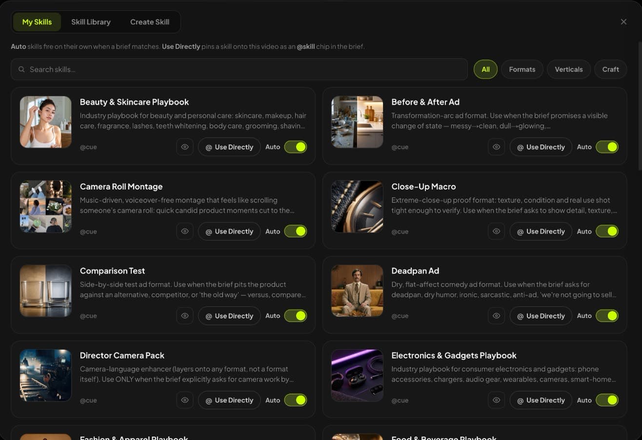 Skills library in Synthesys Video Agent with ad formats, industry playbooks and craft skills the agent follows