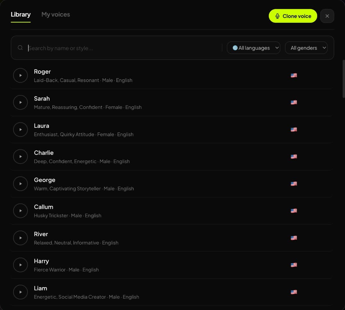 Voice library in Synthesys Video Agent with more than 400 voices, Clone voice and My voices