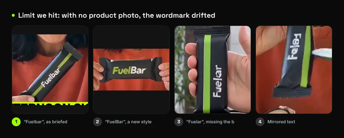 Logo drift in the AI rebuild: Fuelbar as briefed, a FuelBar variant, Fuelar and mirrored text