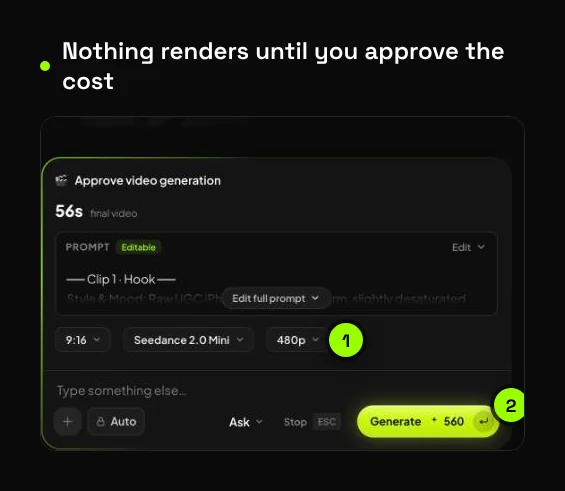 Approve card for the 56-second 9:16 rebuild, with model, resolution and a Generate button showing 560 credits