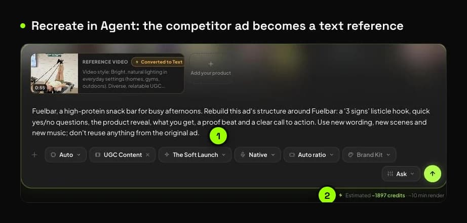 Recreate in Agent: the AG1 ad as text, our Fuelbar brief for the same structure and the estimated credit cost