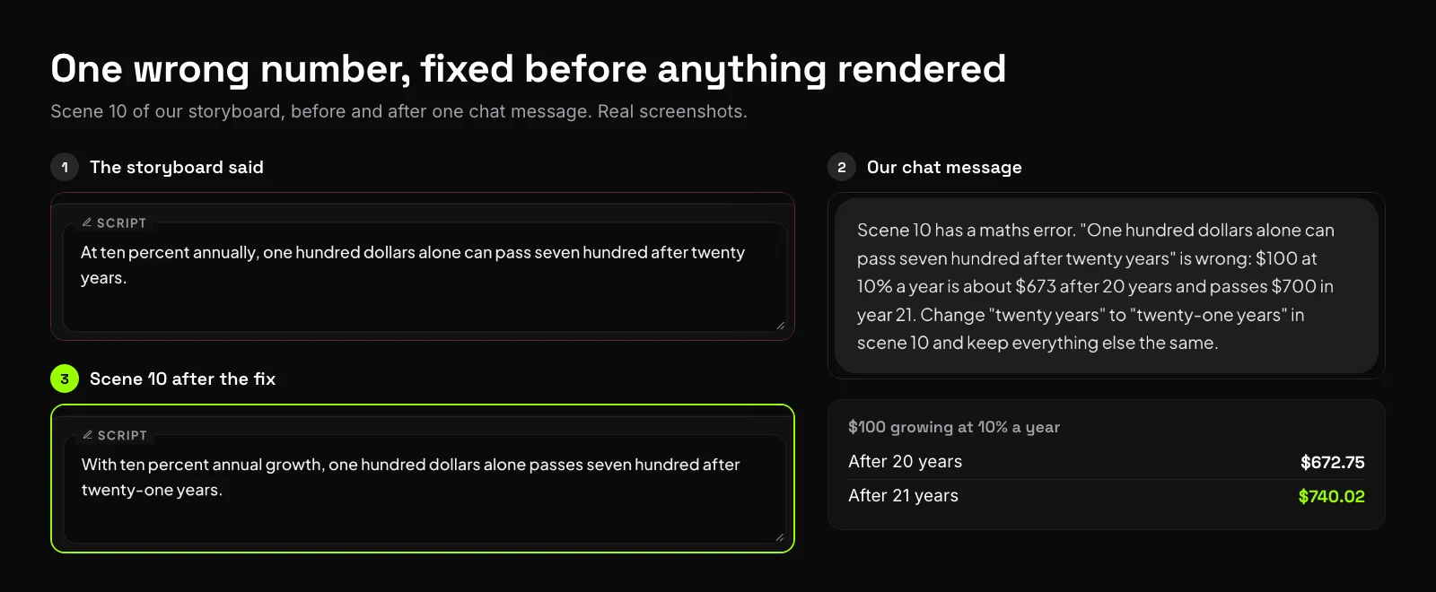 Scene 10 of the storyboard before and after one chat message: twenty years corrected to twenty-one years, with the maths shown