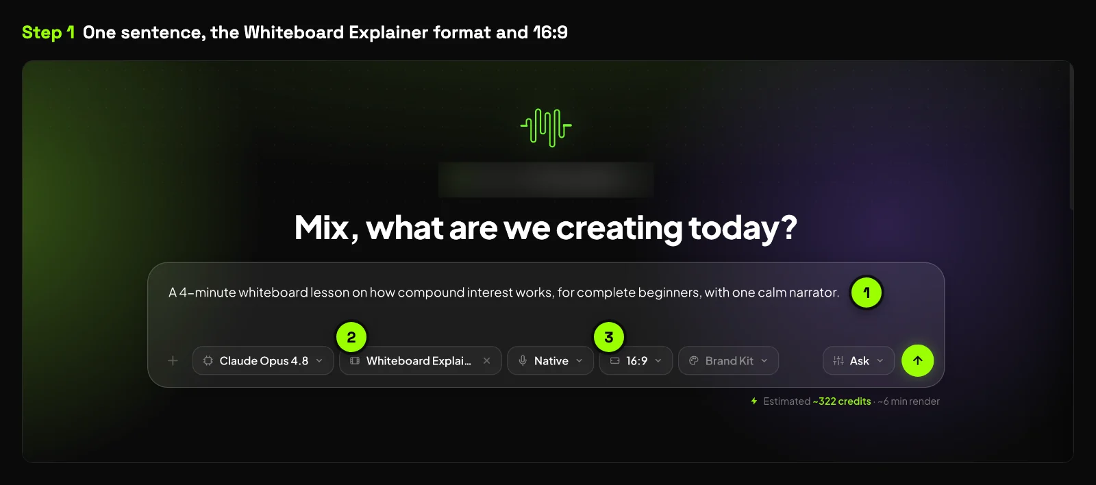 The Synthesys composer with the brief "A 4-minute whiteboard lesson on how compound interest works, for complete beginners, with one calm narrator", the Whiteboard Explainer format and 16:9 selected