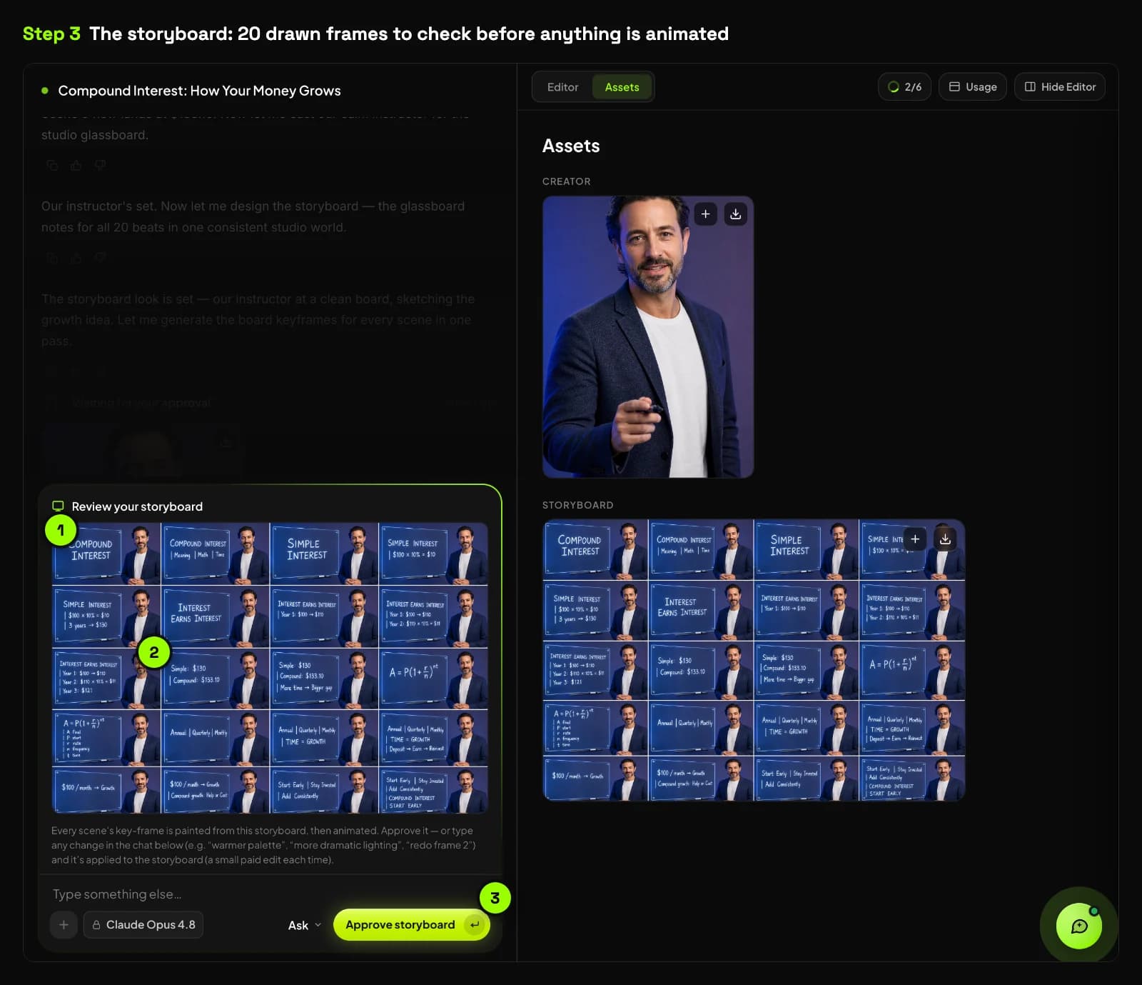 The storyboard for the compound interest lesson: 20 frames of a presenter beside a glass board with handwritten notes, an Approve storyboard button, and frame 9 marked
