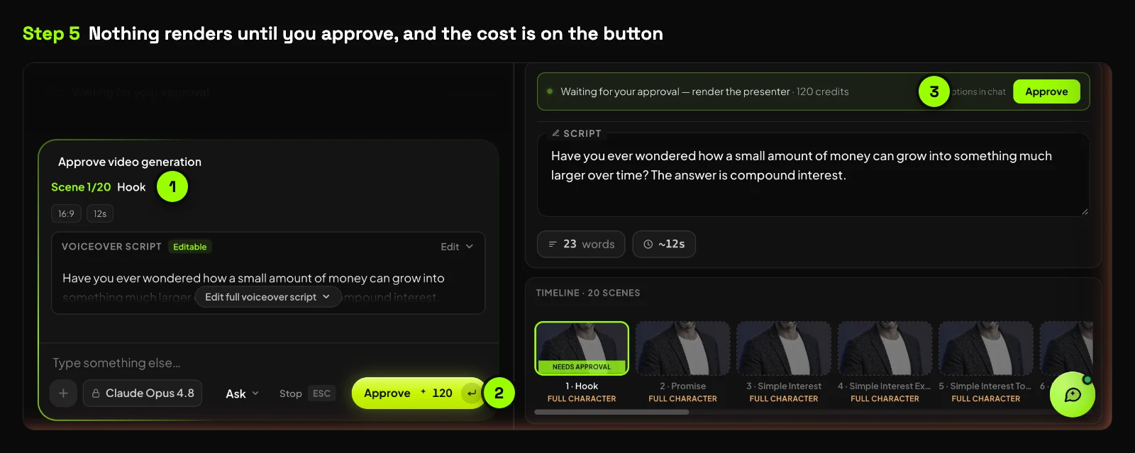 The Approve video generation card for scene 1 of 20, with the credit cost on the Approve button