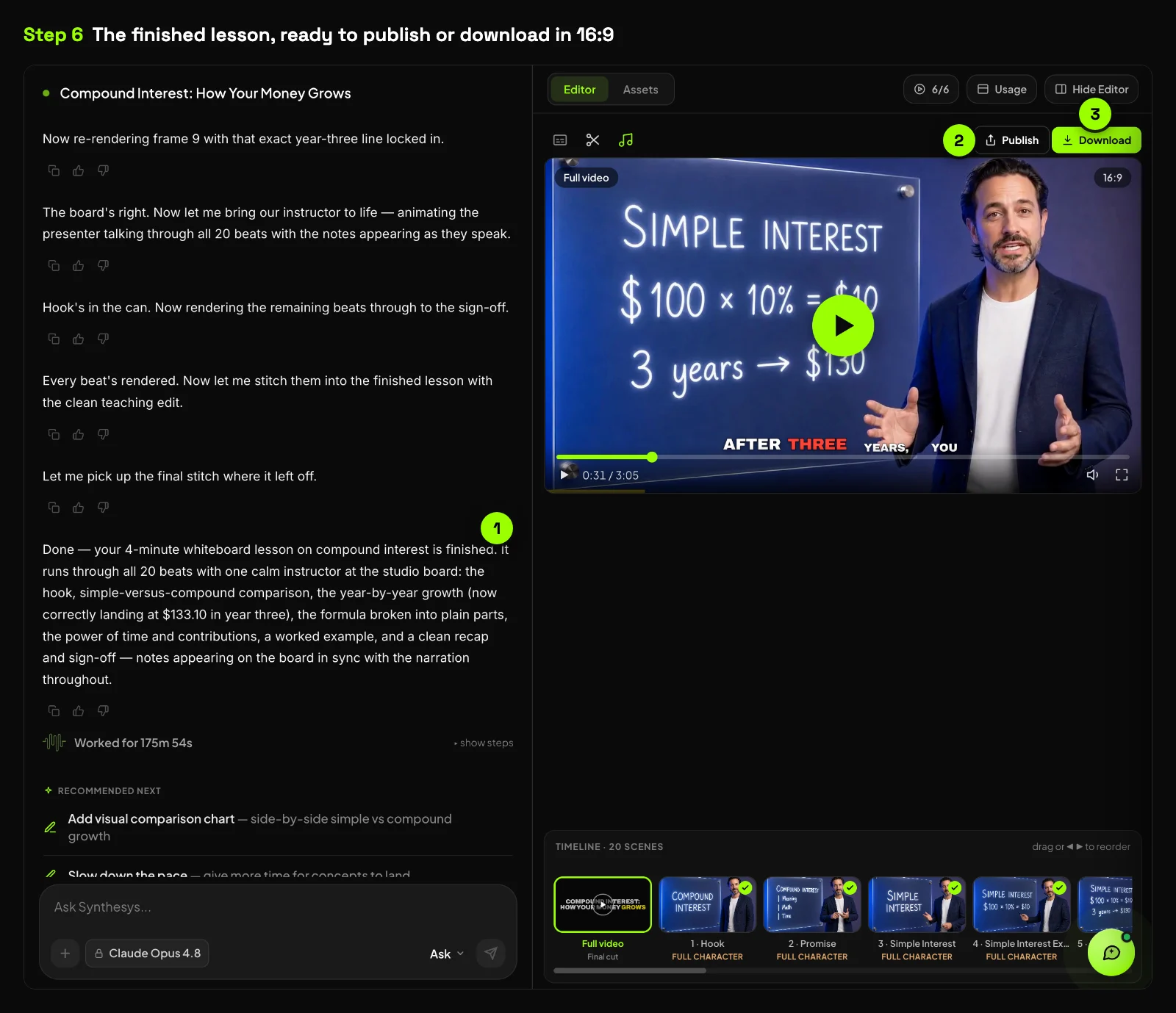The finished compound interest lesson in the Synthesys editor, with the agent's summary, the 16:9 video player showing a simple interest board, and the Publish and Download buttons