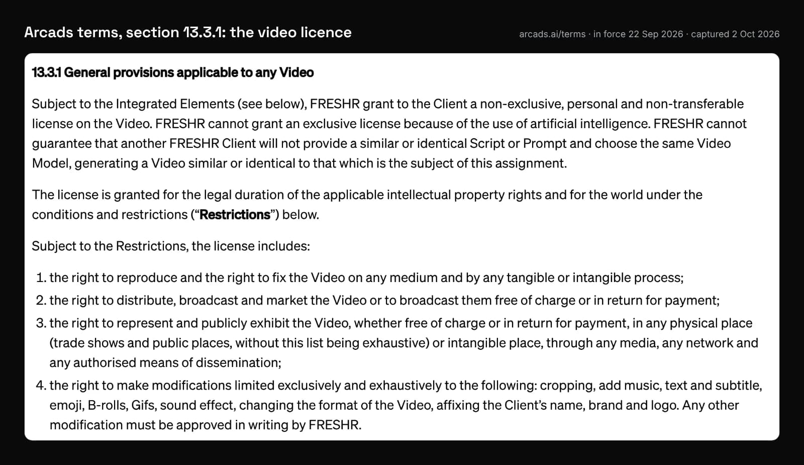 Cropped screenshot of Arcads' terms, section 13.3.1, granting a non-exclusive, personal and non-transferable licence and listing the permitted modifications, captured 2 October 2026