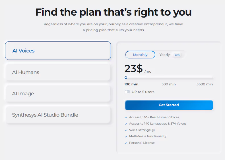 select your AI Voices plan Synthesys AI Studio