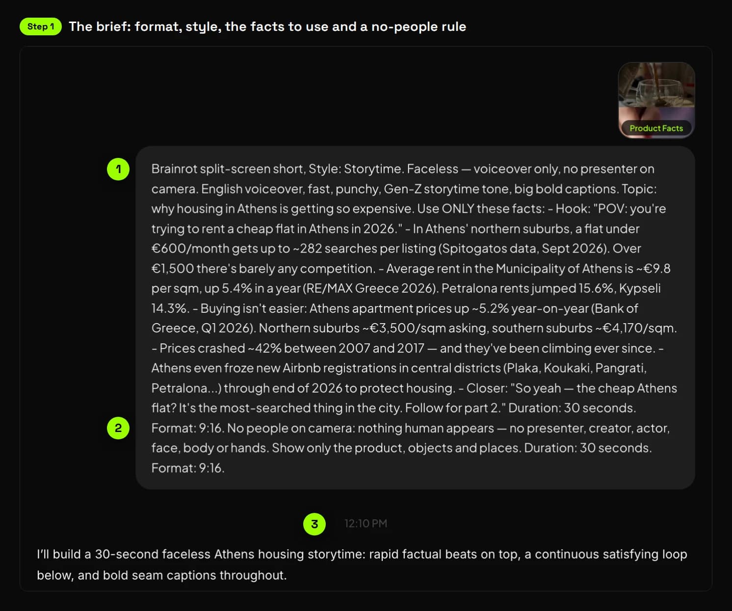 Synthesys chat showing our Athens brief: (1) brainrot split-screen, Storytime style, faceless, (2) the no-people rule and 30 seconds in 9:16, (3) sent at 12:10 PM