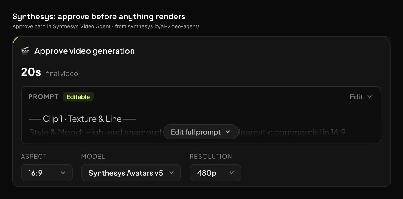 Approve video generation card in Synthesys Video Agent showing a 20-second final video, an editable prompt, aspect ratio, model and resolution before anything renders, from synthesys.io