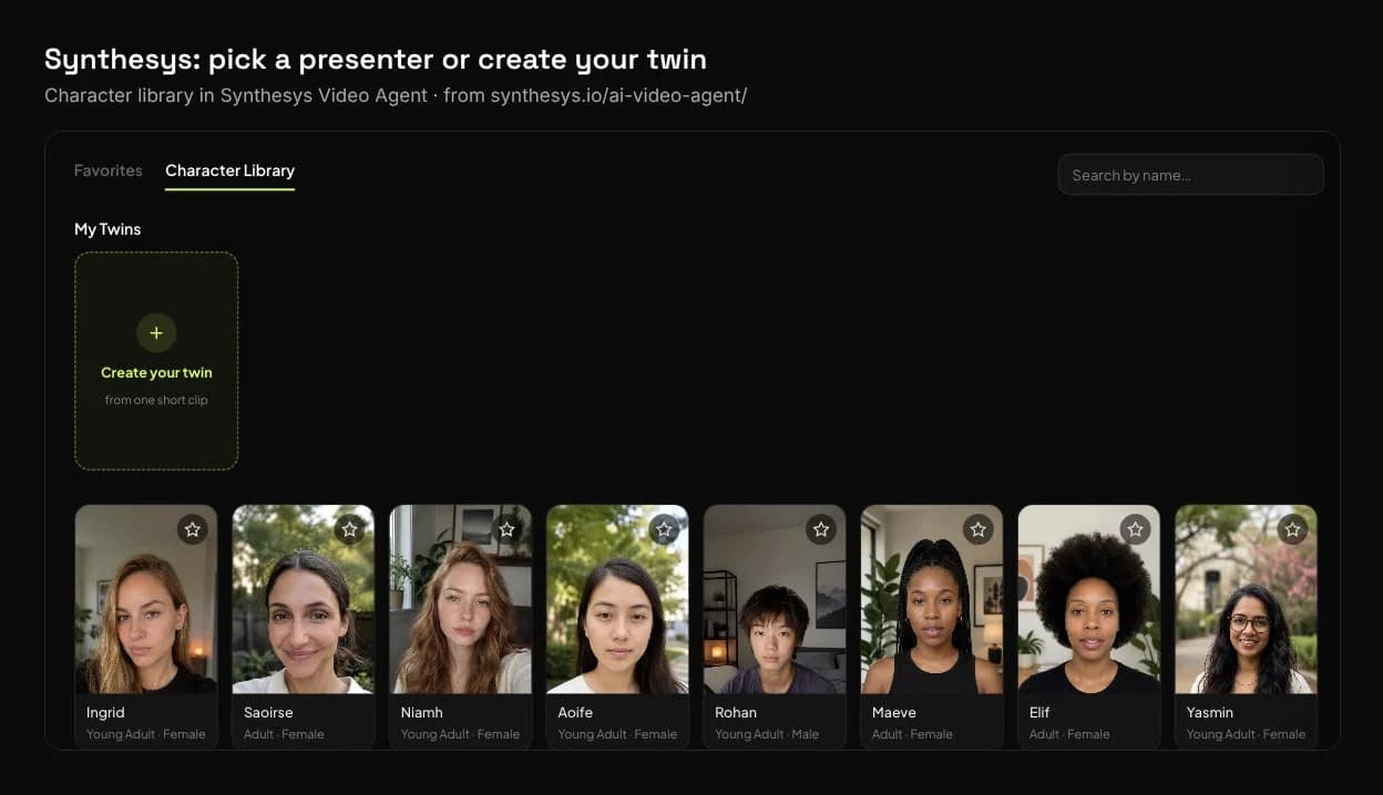 Character library in Synthesys Video Agent with a Create your twin card, from one short clip, above a row of stock presenters, from synthesys.io