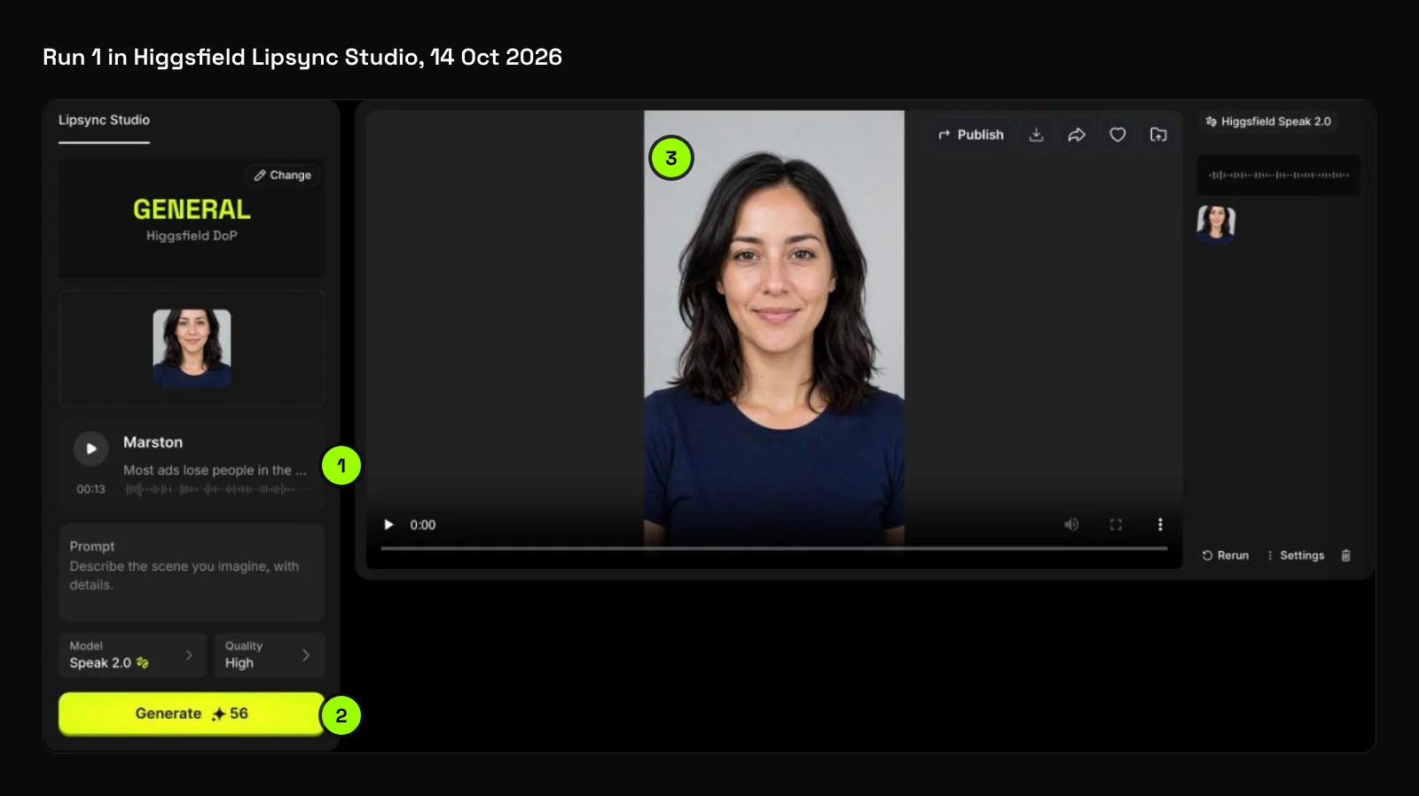 Higgsfield Lipsync Studio after run 1: the speech track (1), Speak 2.0 with High quality and the 56-credit Generate button (2), and the finished clip of our AI portrait (3), captured 14 October 2026
