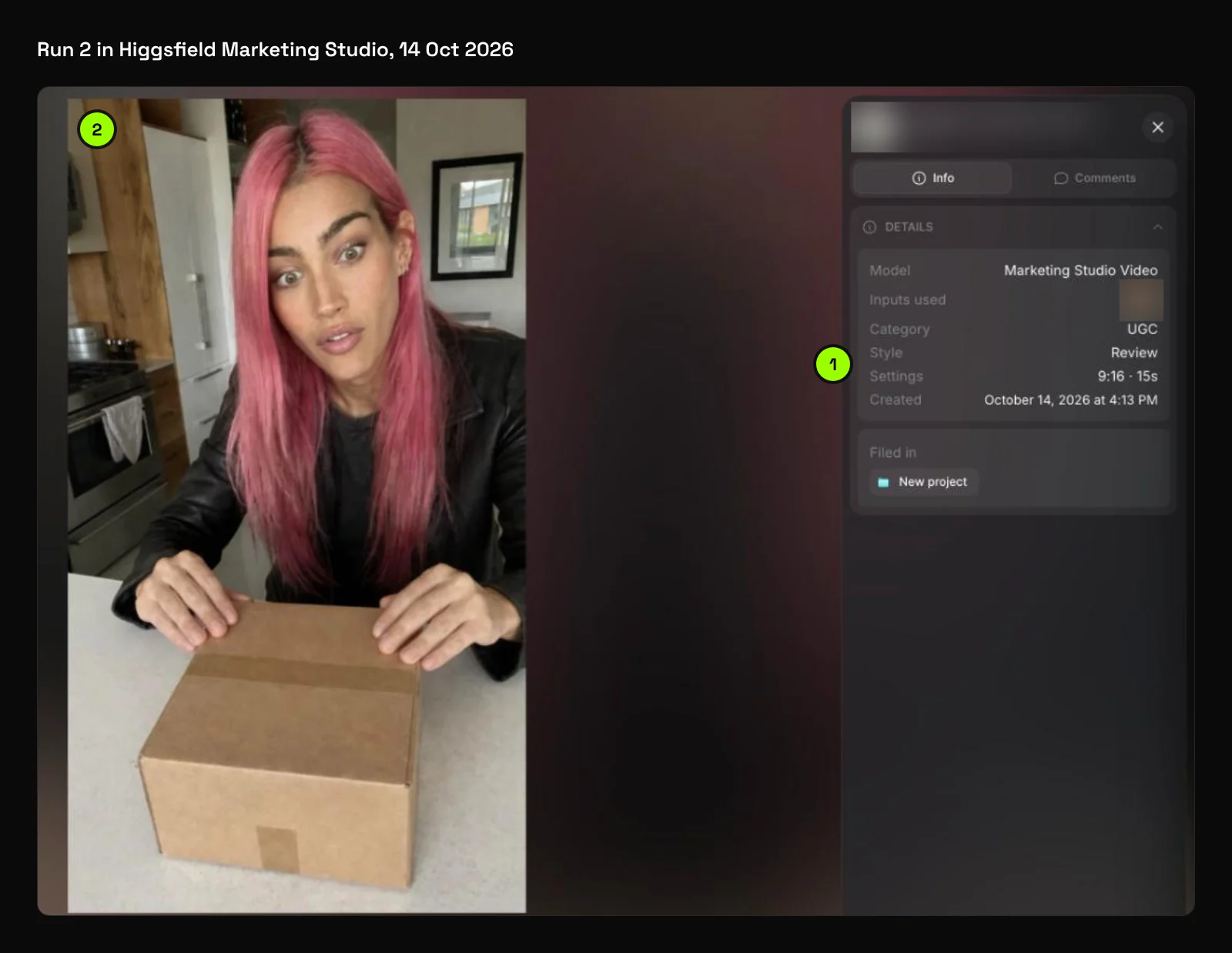 Higgsfield Marketing Studio result for run 2: the UGC category, Review style and 9:16, 15-second settings (1), and the first frame of the generated ad (2), captured 14 October 2026; account name blurred