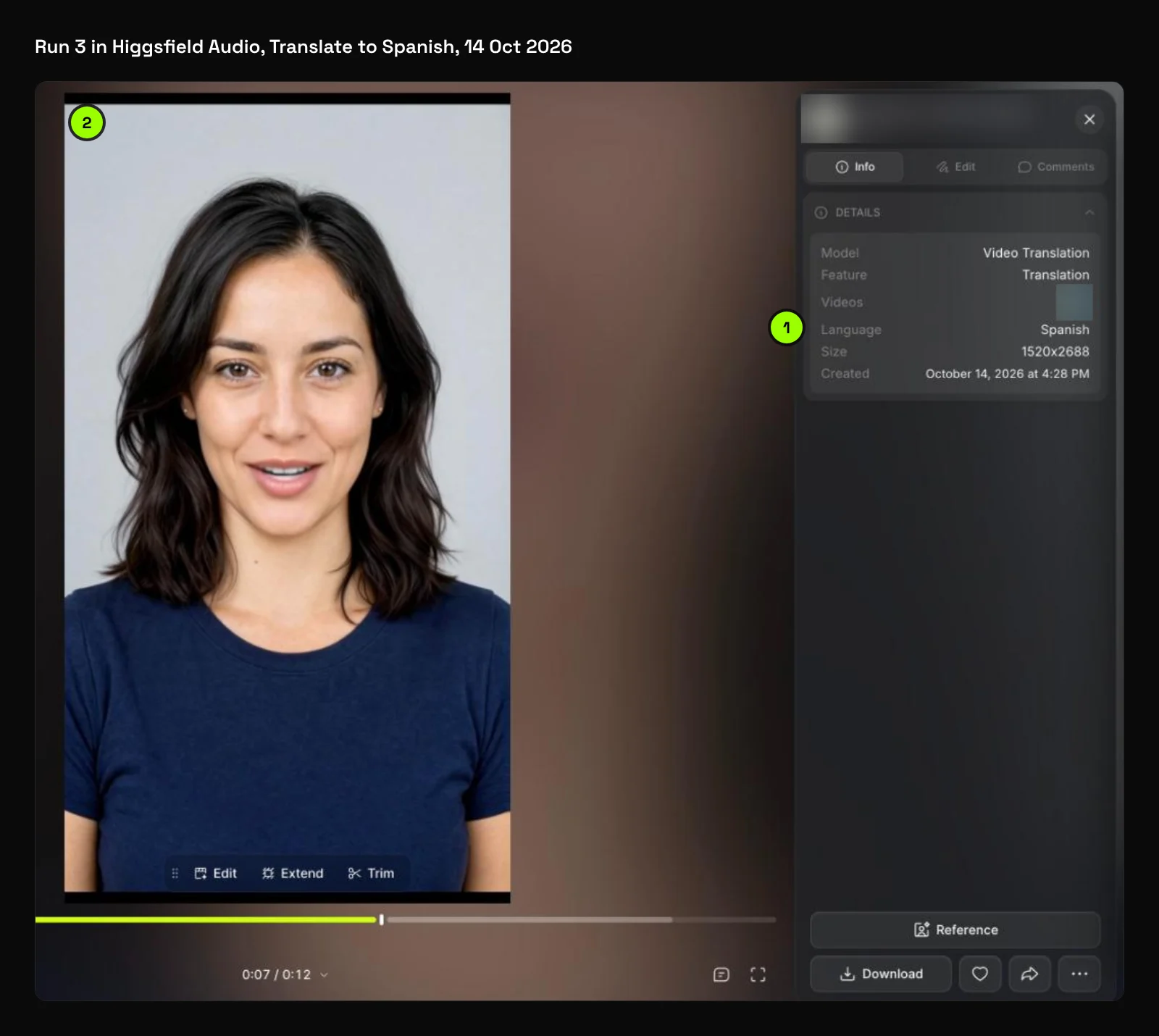 Higgsfield Audio result for run 3: Video Translation into Spanish (1) and the dubbed clip of our AI portrait (2), captured 14 October 2026; account name blurred