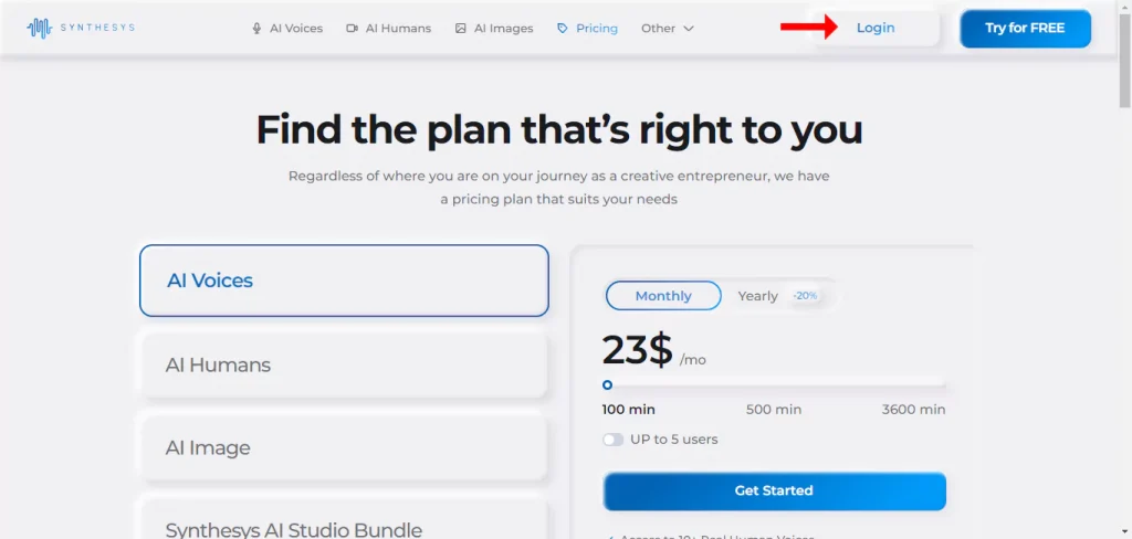 login button Synthesys AI Studio