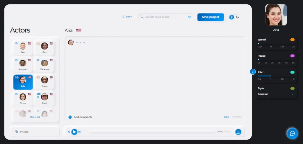 Aria Voice actor Synthesys AI Studio