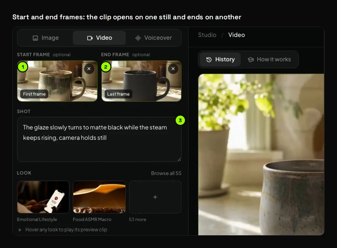 The Studio Video tab with a start frame and an end frame of the same mug, and a shot description