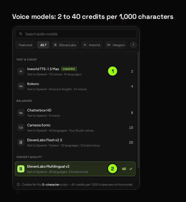 The Studio voice model list, from Inworld TTS-1.5 Max at 2 credits to ElevenLabs Multilingual v2 at 40