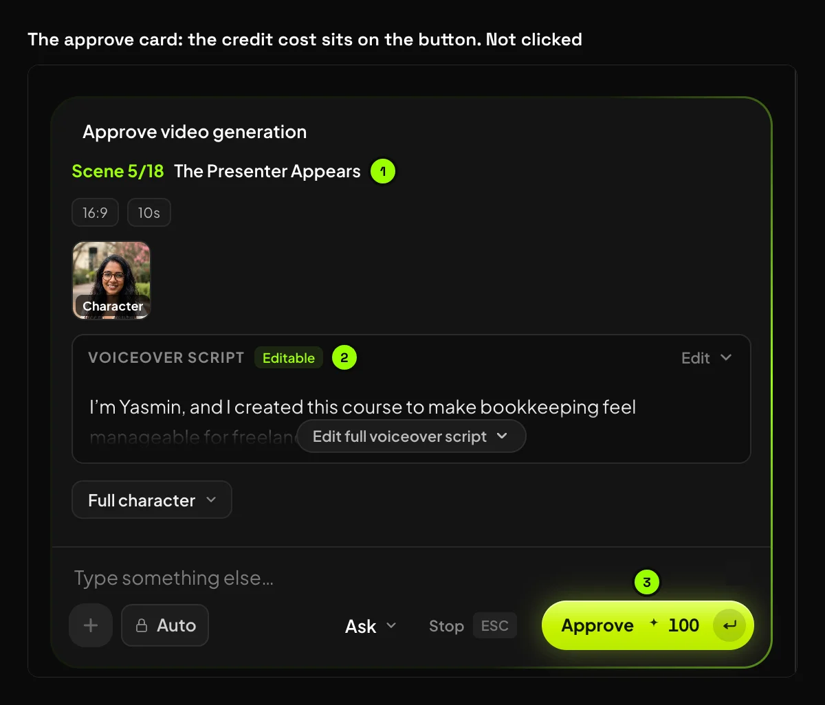The Synthesys approve card for scene 5 of 18, The Presenter Appears, showing the voiceover script and the credit cost on the Approve button, not clicked