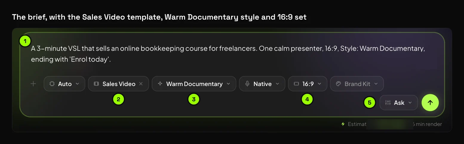 The Synthesys composer with the 3-minute VSL brief typed, the Sales Video template, the Warm Documentary style and 16:9 selected, and the run mode set to Ask