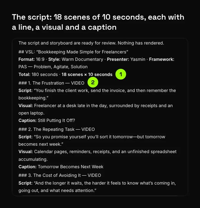 The agent's script in chat: a 180-second plan of 18 scenes of 10 seconds, each with a script line, a visual and a caption
