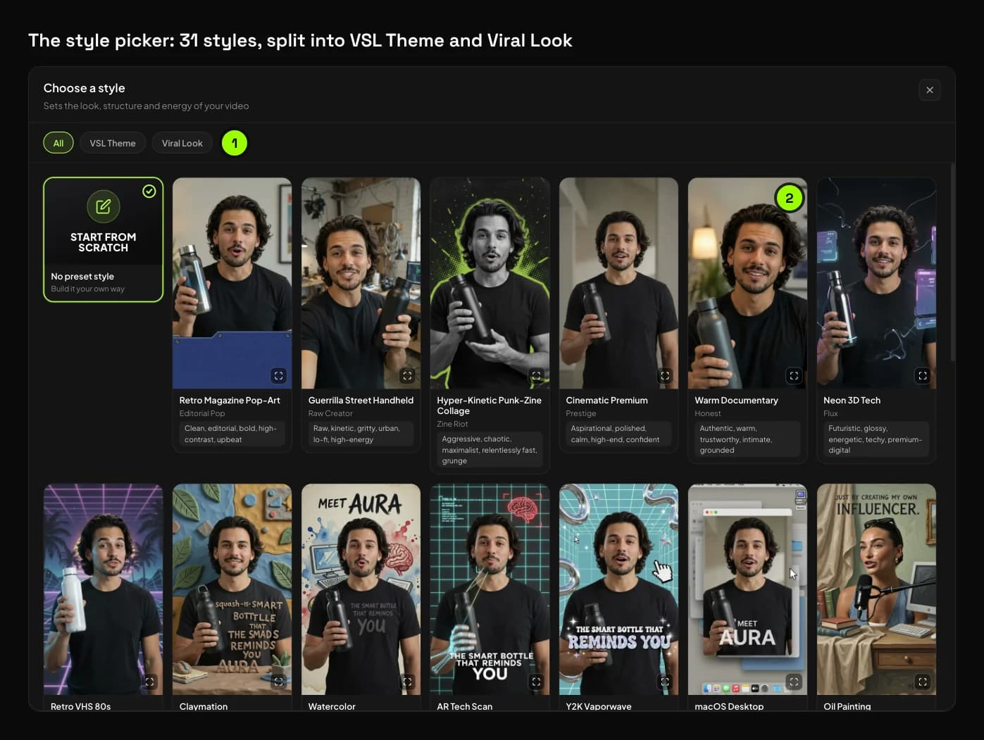 The Synthesys style picker for the Sales Video template, with All, VSL Theme and Viral Look filters and Warm Documentary among the presenter styles