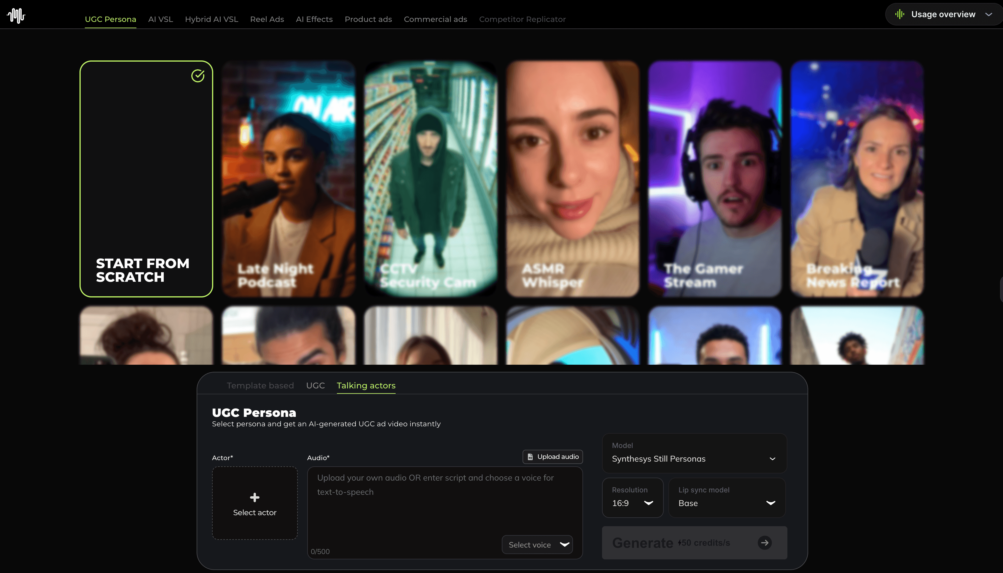 Synthesys AI Talking Photos dashboard — choose a UGC Persona or Talking Actors entry to generate a talking photo video