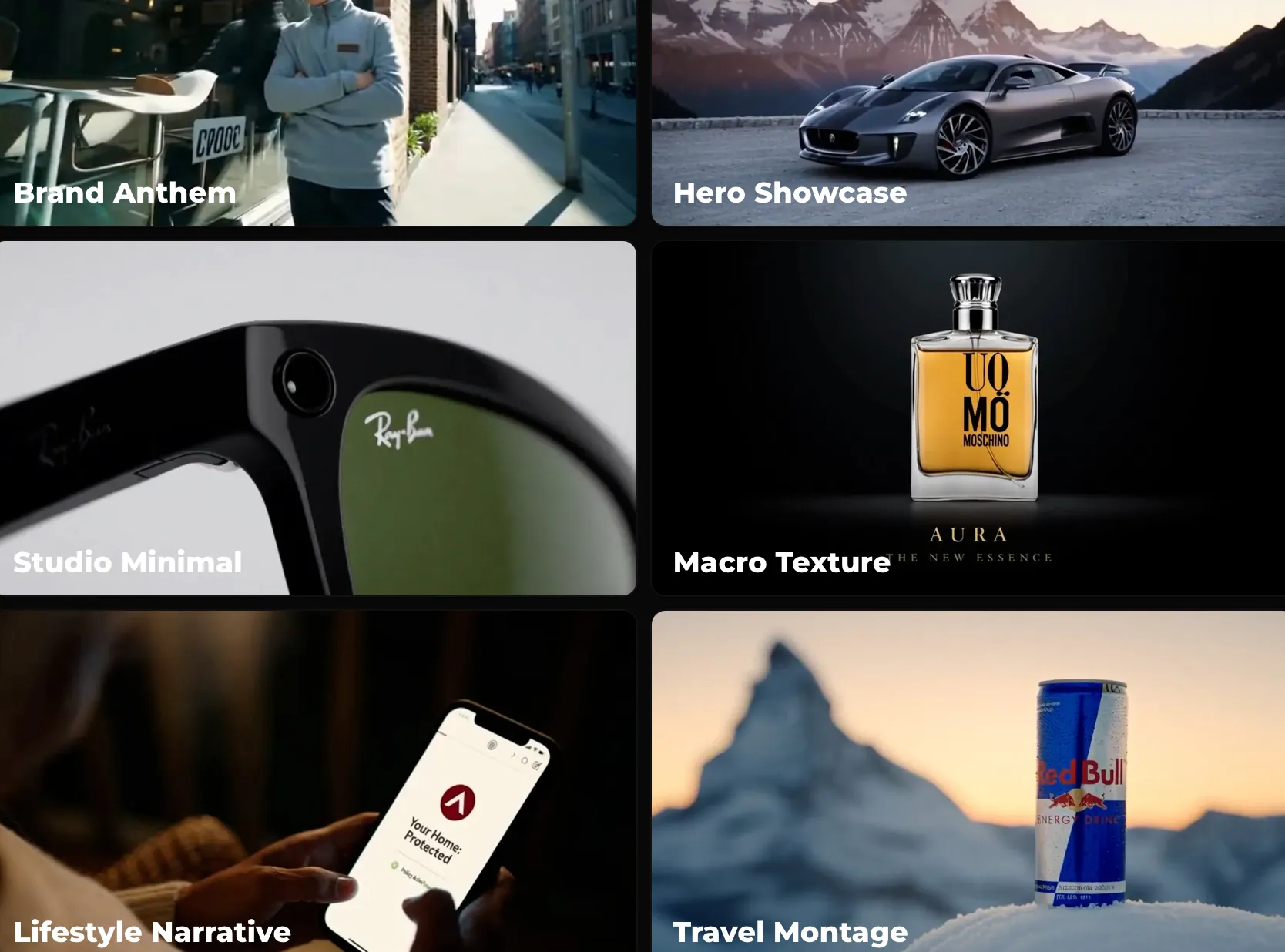 Synthesys AI video ad generator commercial styles – brand anthem, hero showcase, studio minimal, macro texture, and epic adventure formats for TV and premium placements