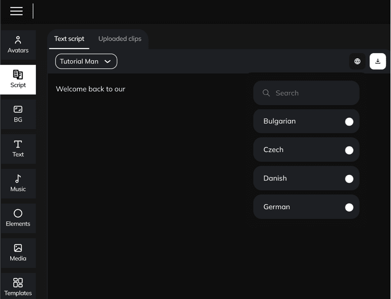 Synthesys AI spokesperson creator step 3 – add your script and select language and preferred voice in the studio editor