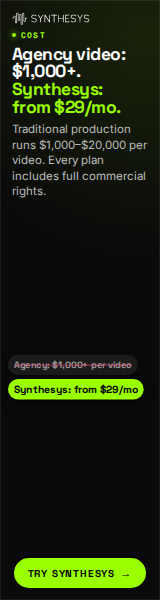 Agency video: $1,000+. Synthesys: from $29/mo. (160x600)
