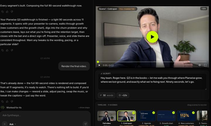 A project workspace: agent chat, scene player, script and timeline
