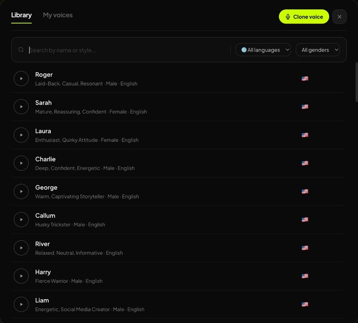Voice library with 400+ voices and voice cloning