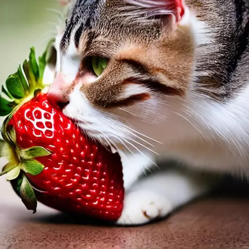 cat eating a strawberry