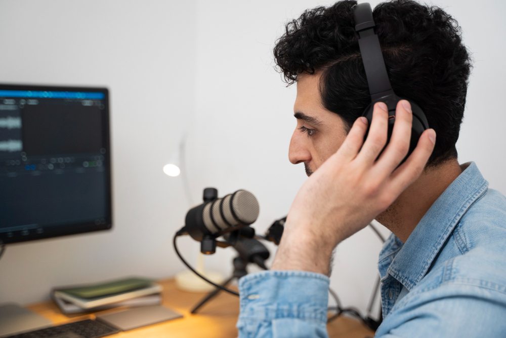 man with microphone headphones running podcast studio