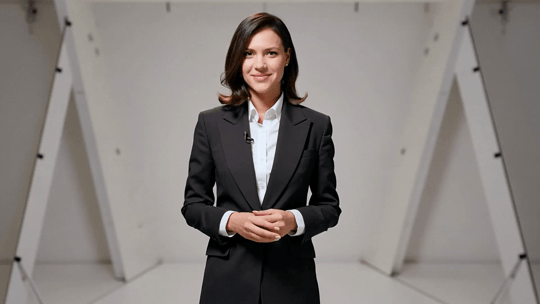 AI face swap presenter transformation demo — same body language, different face