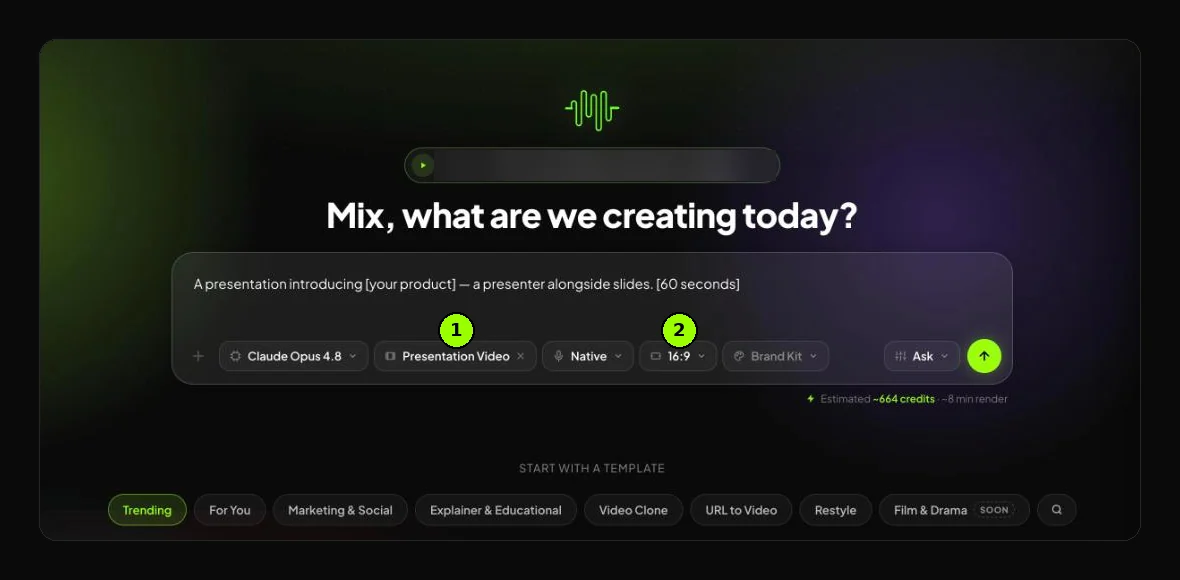 Synthesys home screen with a long-form YouTube format picked and 16:9 set