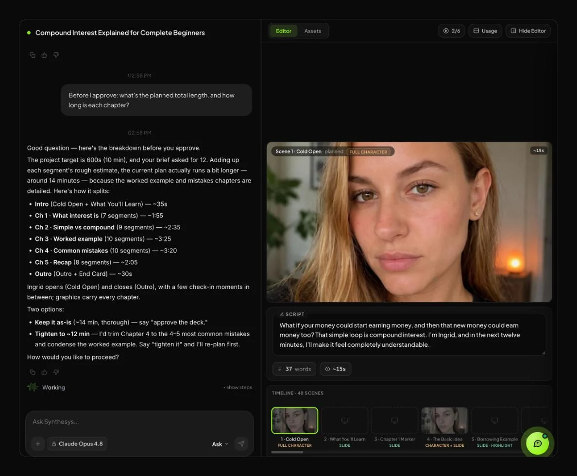 A Synthesys storyboard with chapters, timed scenes and the planned length