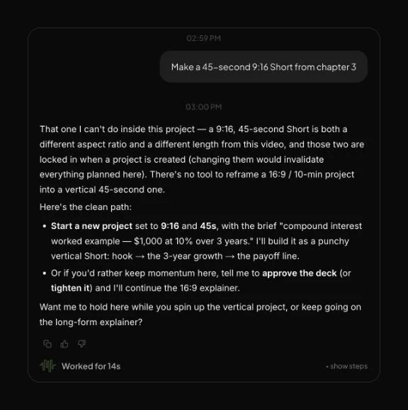A chat edit asking the agent for a 9:16 Short from one chapter